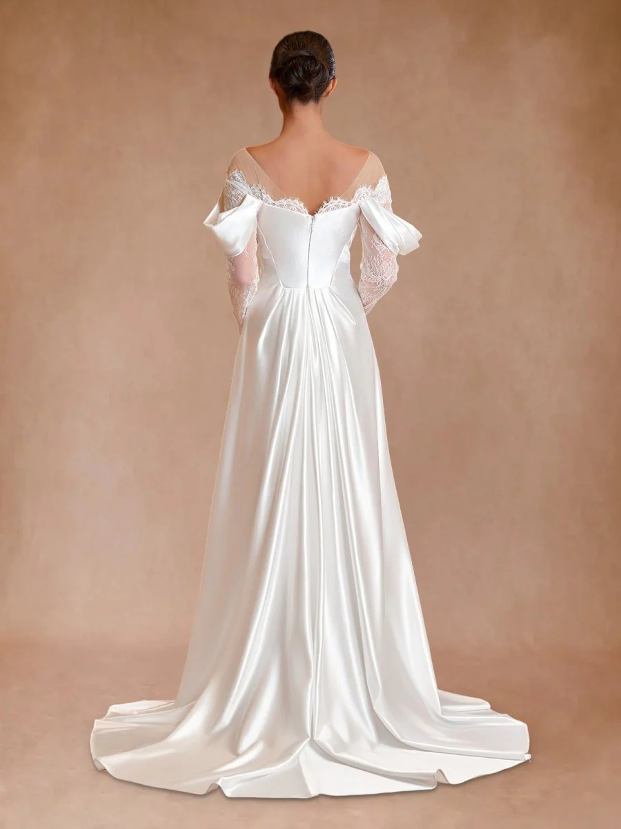 Mermaid Off-the-Shoulder Satin Lace Wedding Dress with Slit