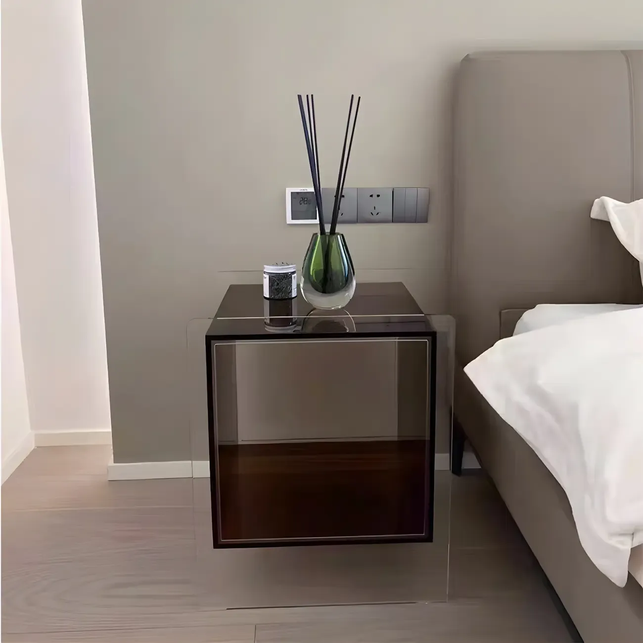 Modish Transparent Acrylic Nightstand with Open Shelf & Wheels