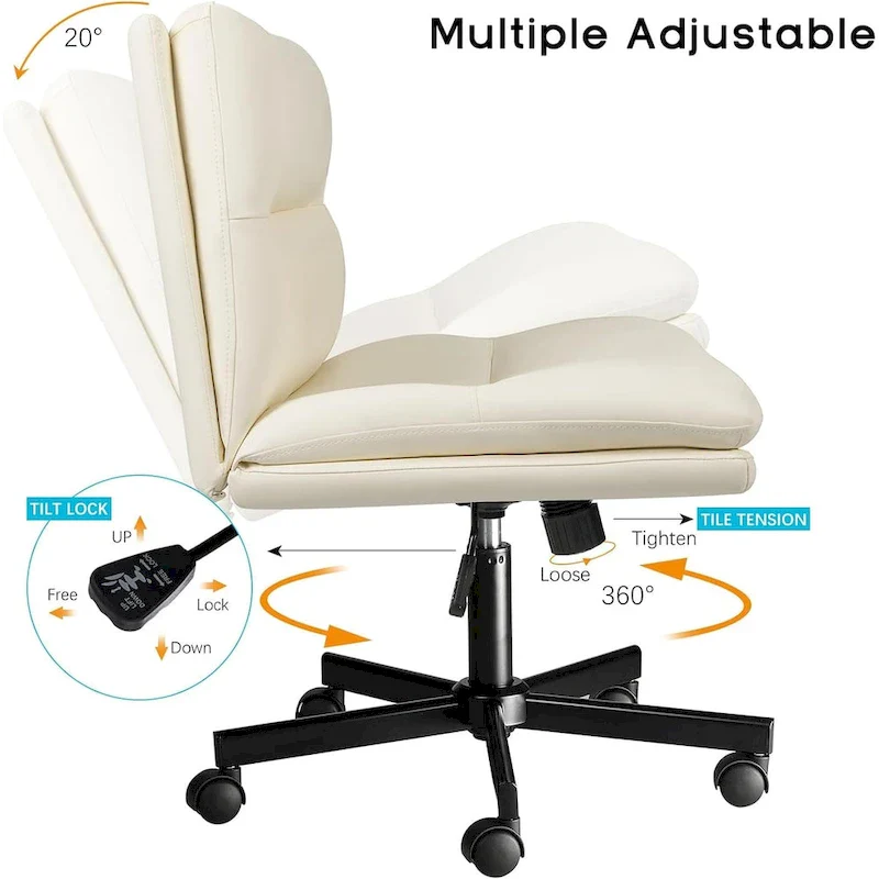 Cross Chair with Wheels,PU Leather Armless Cross Legged Office chair, Adjustable Wide Seat Task Vanity Chair