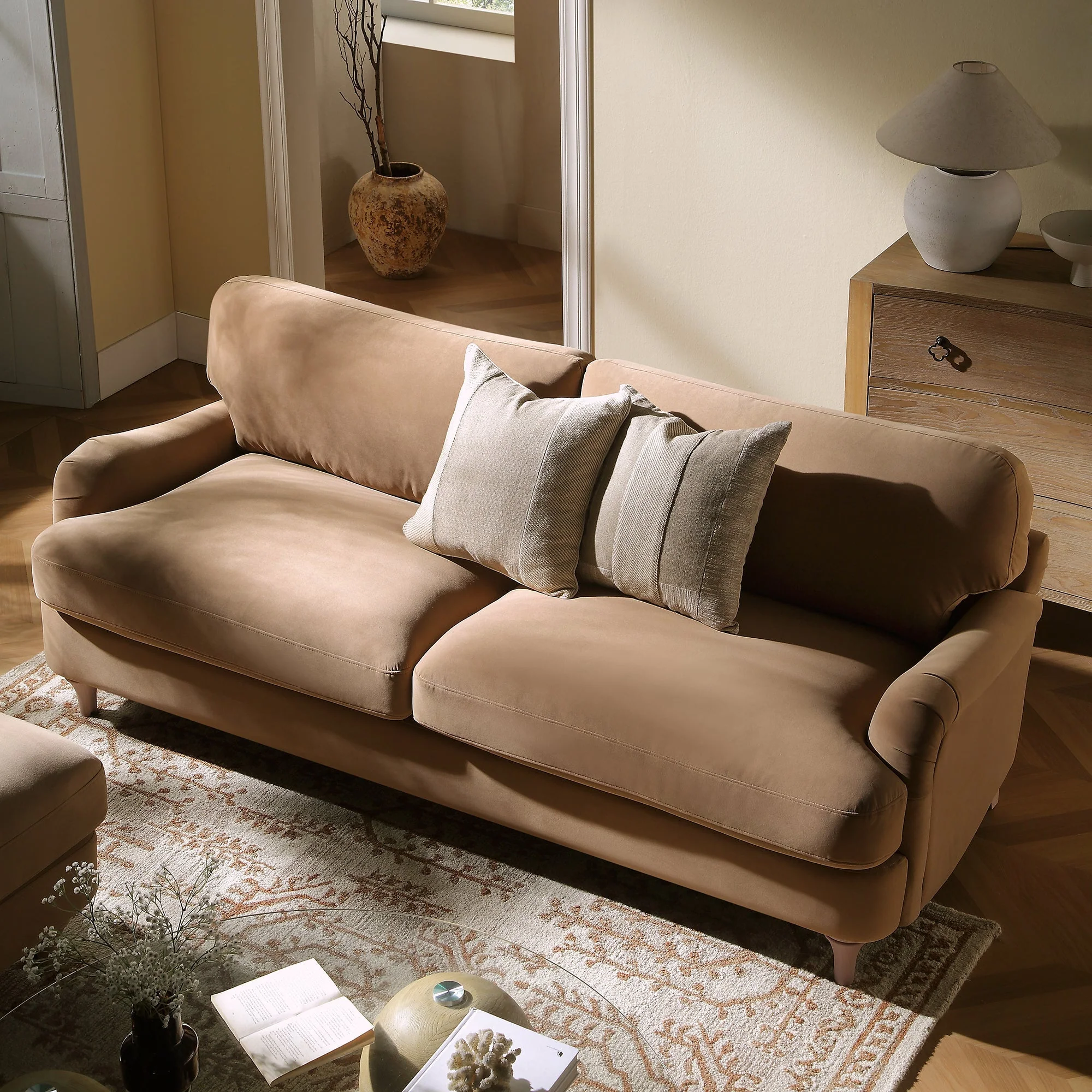 Camel Velvet Sofa, 3-Seater