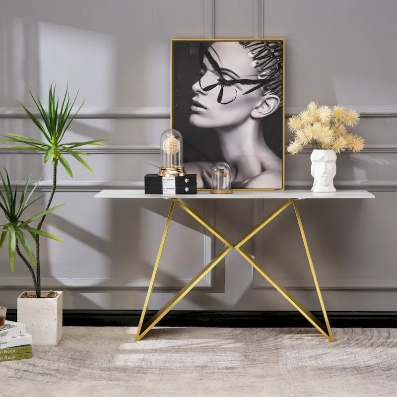 White Tempered Glass Console Table, Gold/Silver M-Base, 1-Person