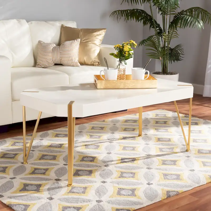 White & Gold Rectangular Coffee Table, Glam Style, 1-Piece