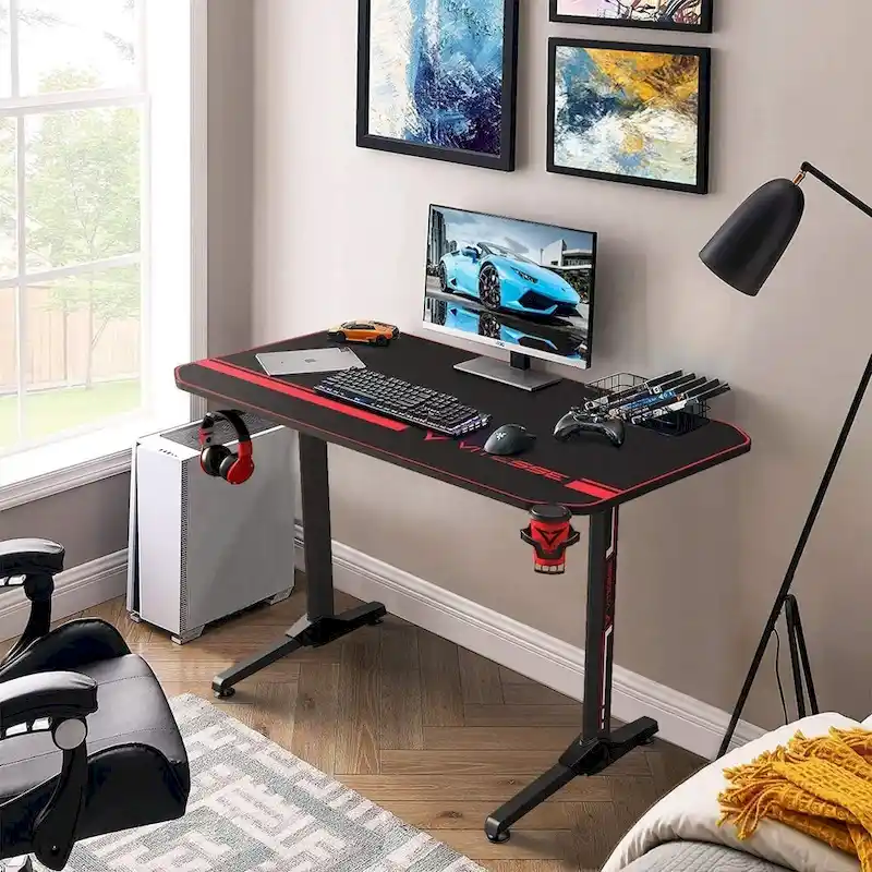 BOSSIN Ergonomic Gaming Desk T-Shaped Office PC Computer Desk with Full Desk Mouse Pad, Handle Rack, Cup Holder Headphone Hook