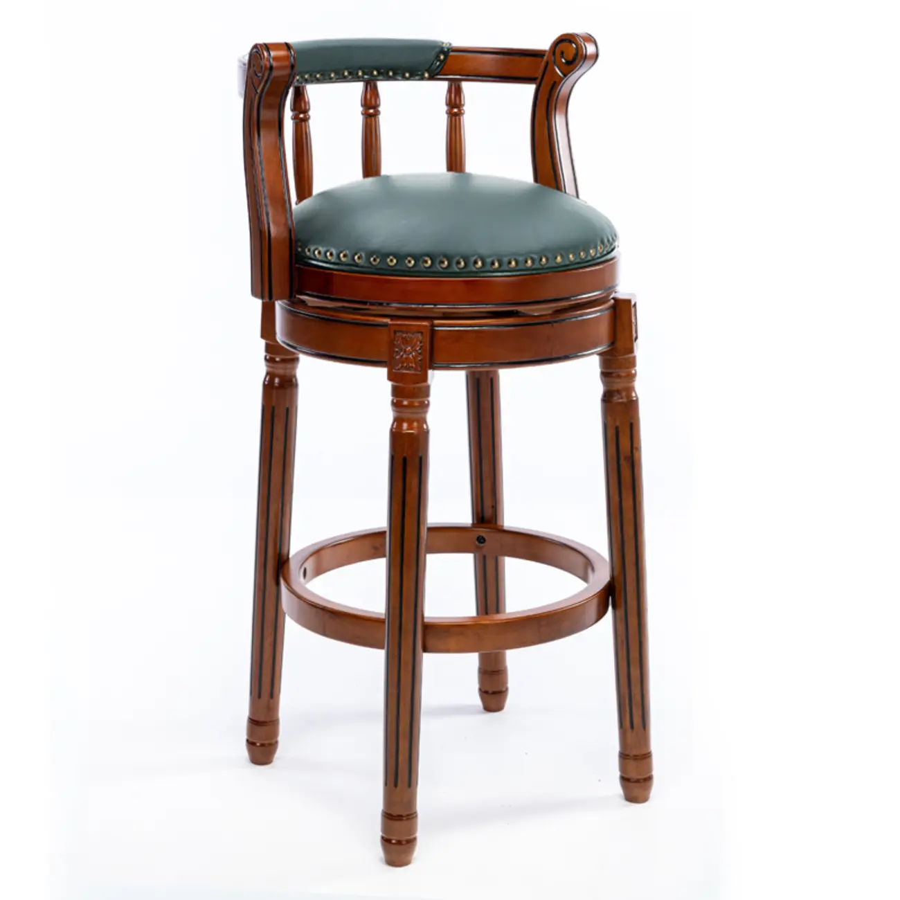 Swivel Counter Height Bar Stools in Genuine Leather & Walnut Solid Wood
