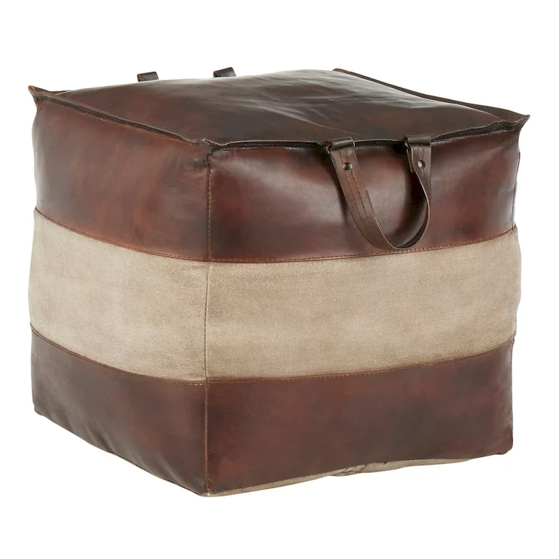Industrial Pouf Ottoman in Leather and Canvas