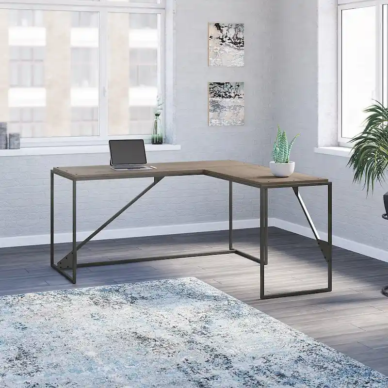 Rustic Gray L Shaped Industrial Desk with Steel Frame for Adults