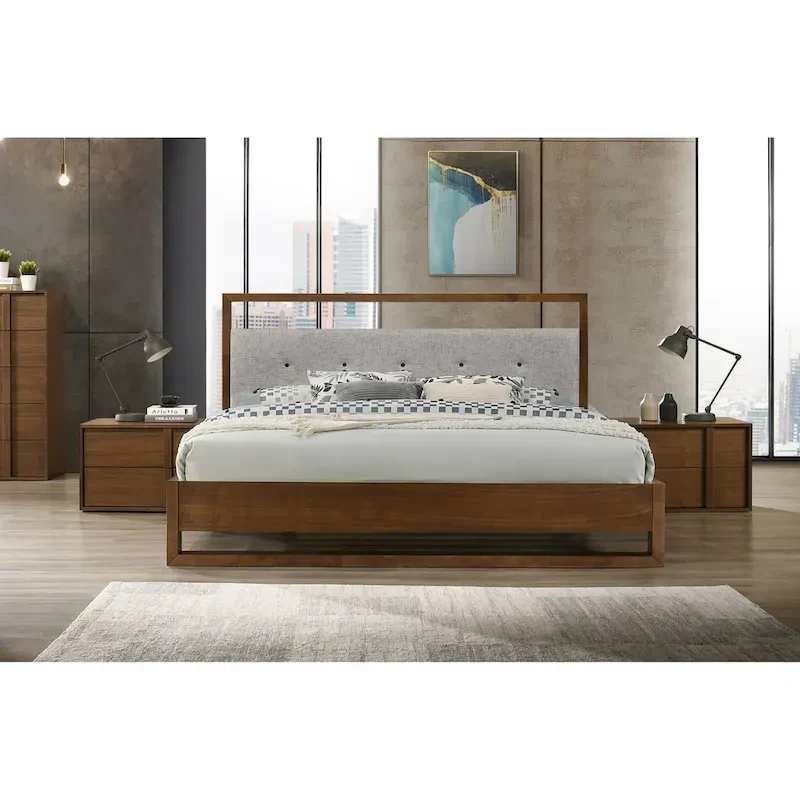 Modern Grey Fabric Walnut Bed