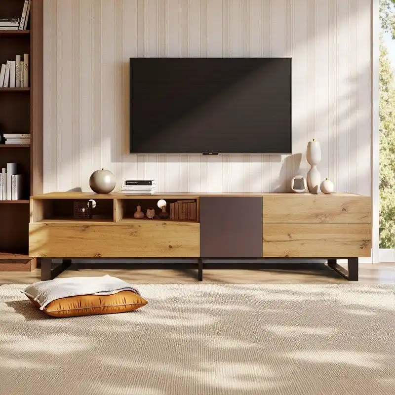70-Inch TV Stand with Drop-Down Doors, Drawers, and Open Shelving