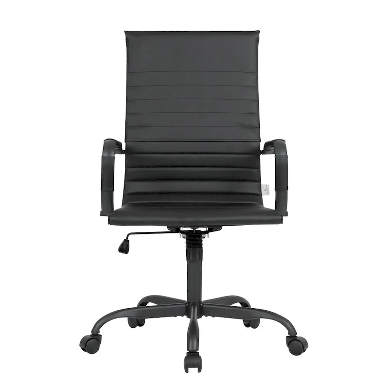 Ribbed Leather Adjustable High-Back Office Swivel Chair in Black Metal Frame