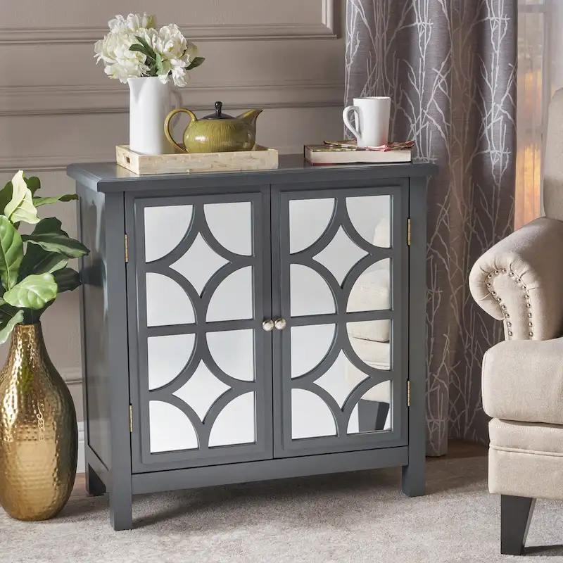 Mirror Finished Double Door Cabinet, Charcoal Grey