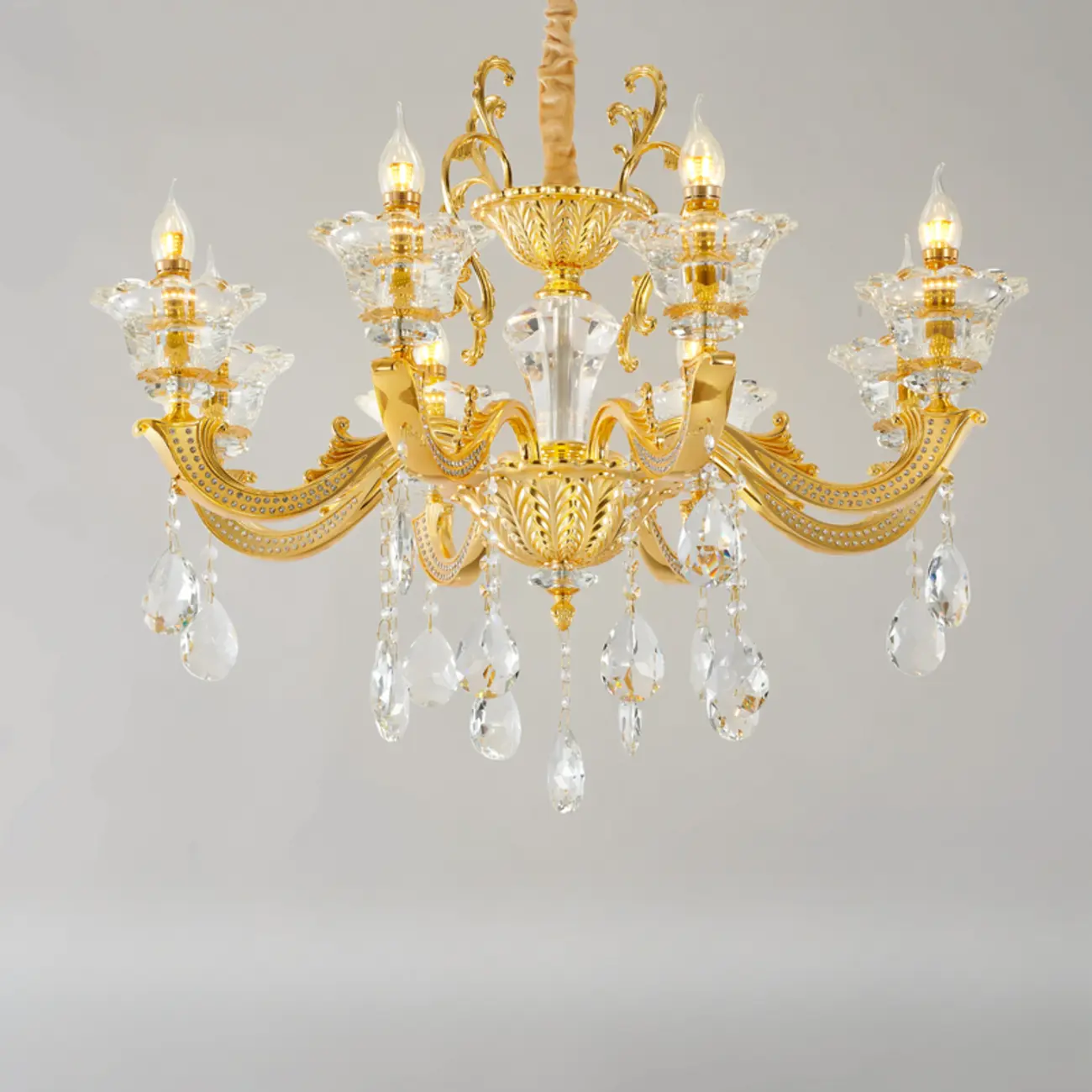 Living Room Golden Crystal Pendant Up Light Chandelier With Candelabra