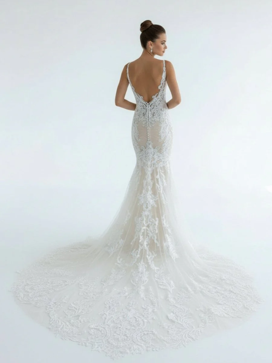 Mermaid V Neck Tulle Lace Wedding Dresses with Train