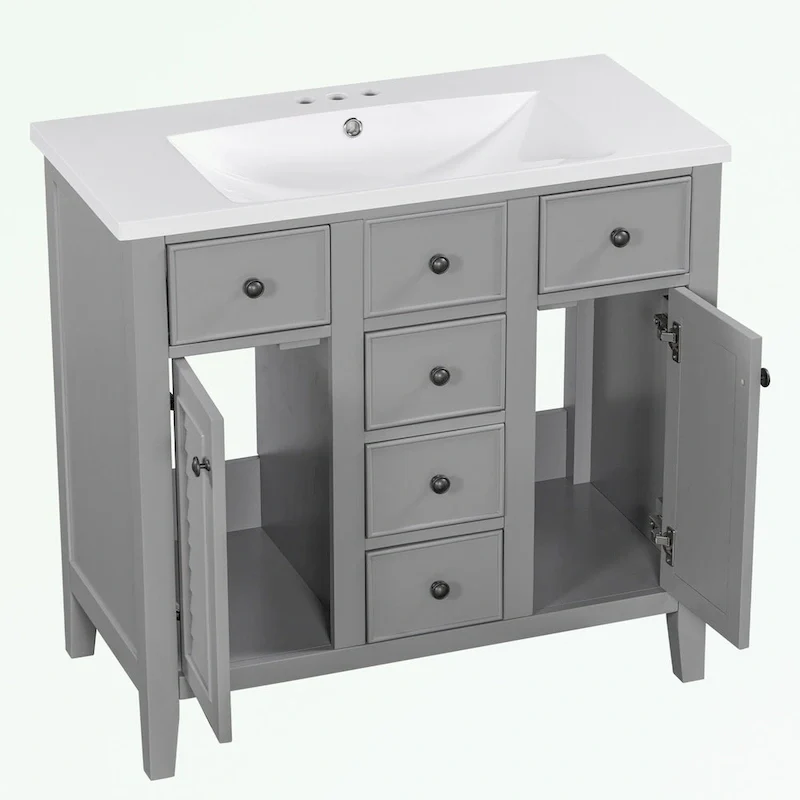Bathroom Vanity with Ceramic Basin, Two Cabinets and Five Drawers