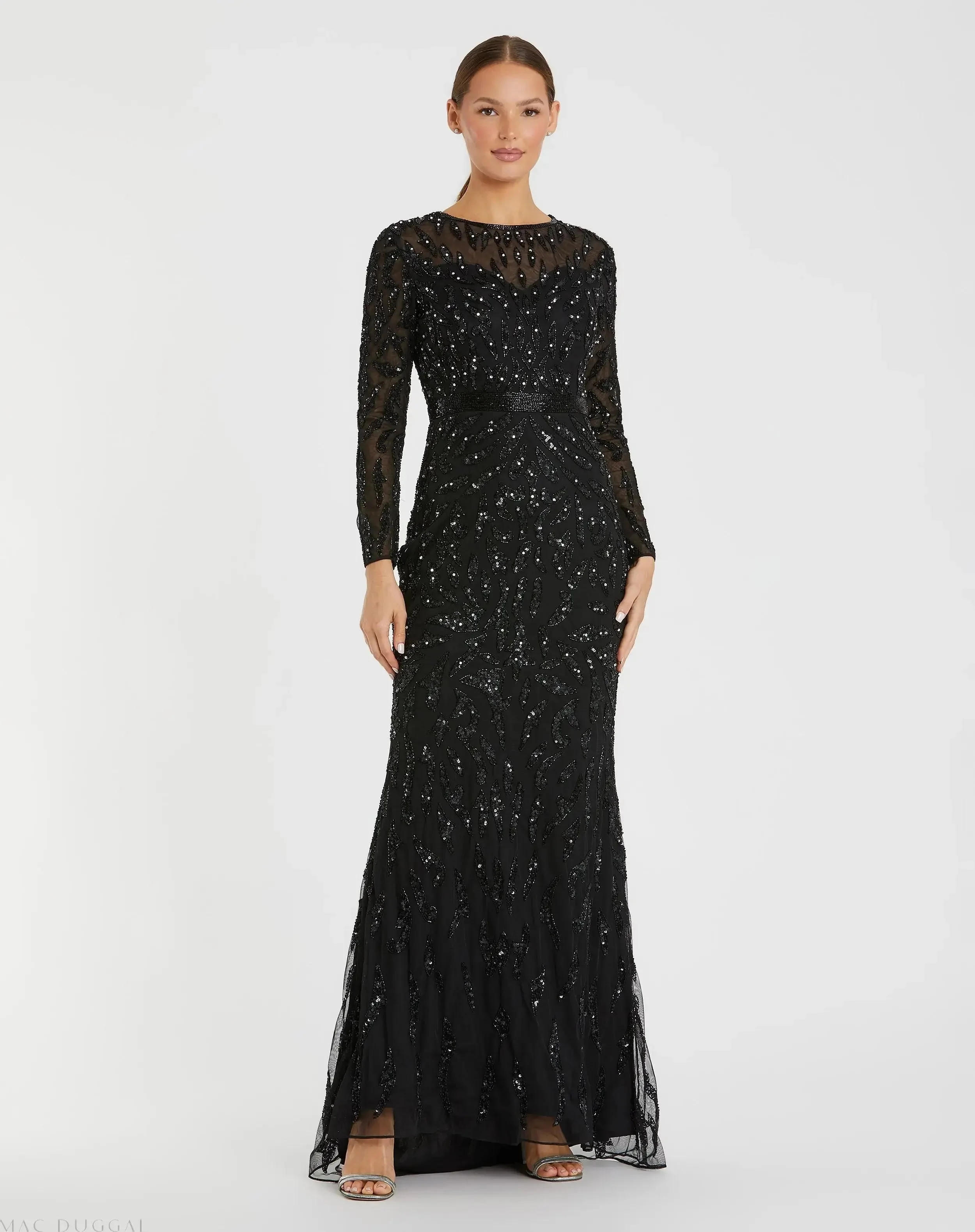 Black Long Sleeve Beaded Evening Gown