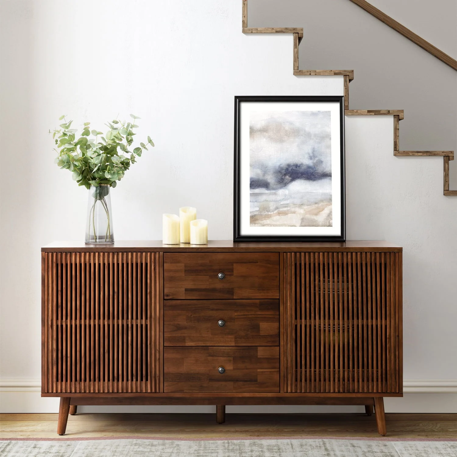 2-Door Slatted Sideboard with 3 Drawers, 6 Interior Shelves & Solid Wood Legs | Acorn / Walnut | Single