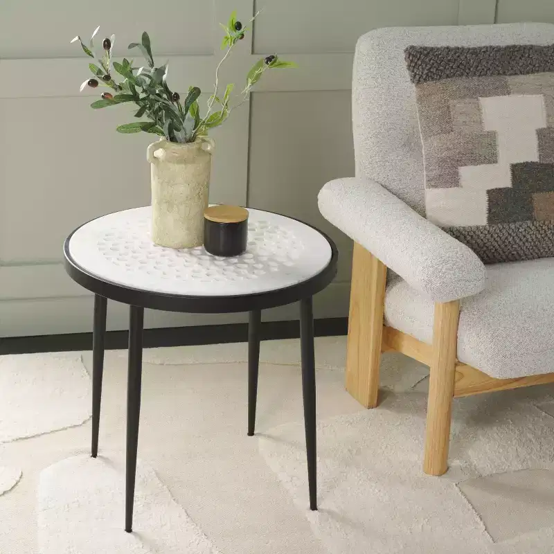 Elly Marble Cnc Side Table - ACC3712A - White Marble/Black - Safavieh
