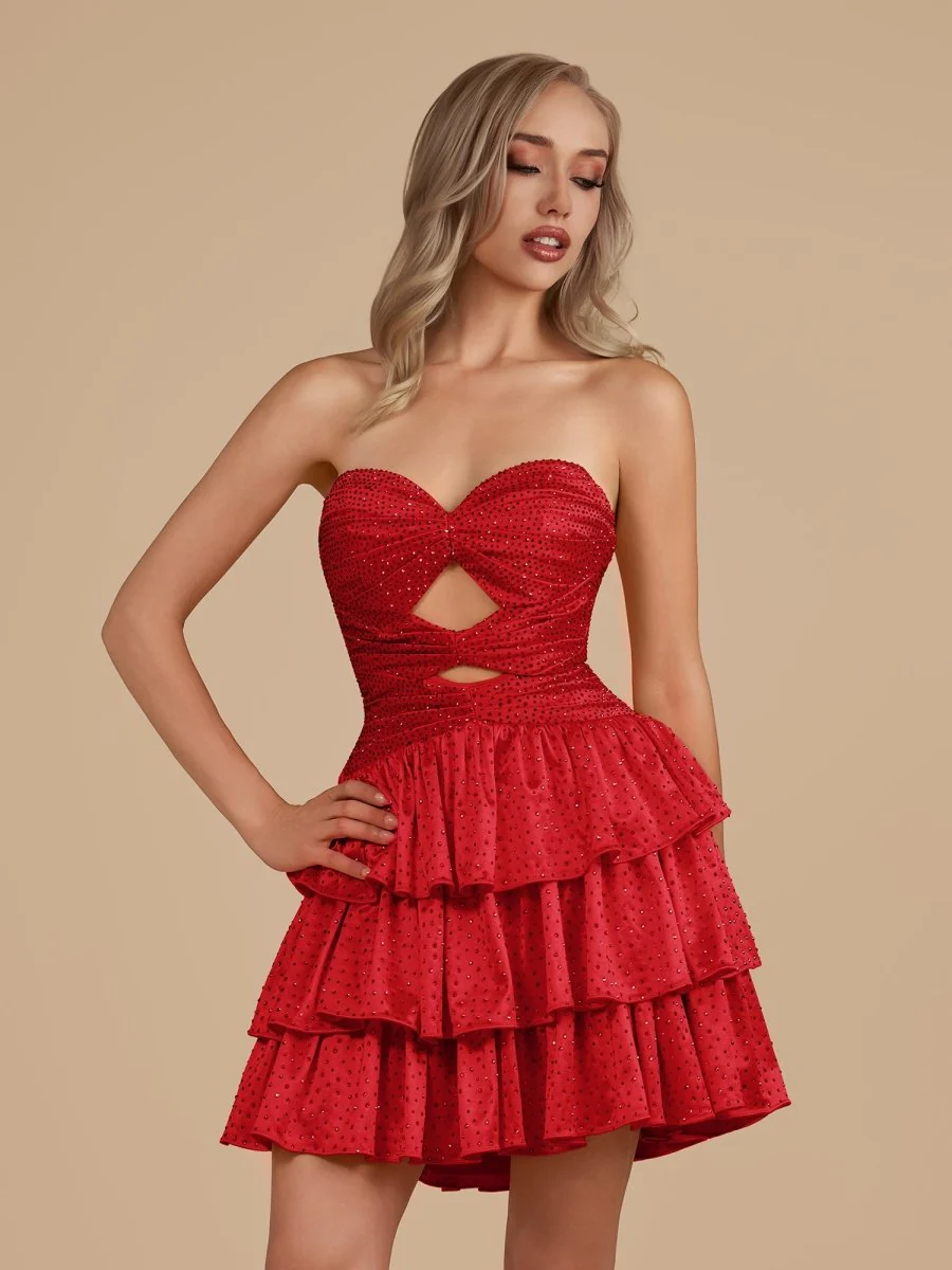 Red - A Line Sweetheart Satin Cut Out Ruffled Homecoming & Cocktail Dresses with Beads