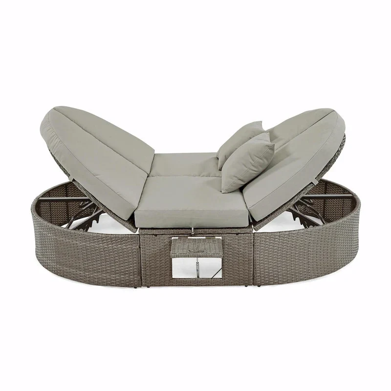 Rattan Patio Daybed with Cushions, Reclining Chaise Lounge, Foldable Trays