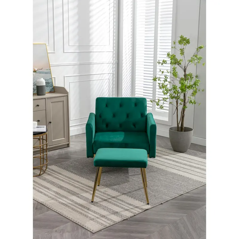 Velvet Accent Chair with Adjustable Armrests and Backrest, Button Tufted Lounge Chair, Single Recliner Armchair with Ottoman