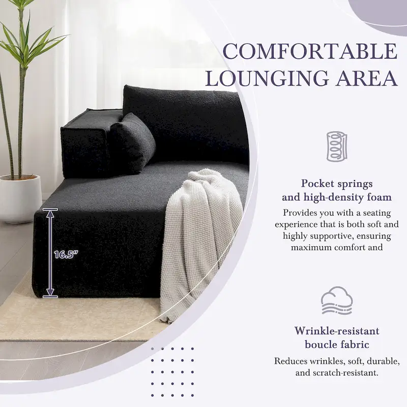 112 Boucle Modular Sectional Sofa with Free Side Table, Wide Seat Design and No Assembly Required