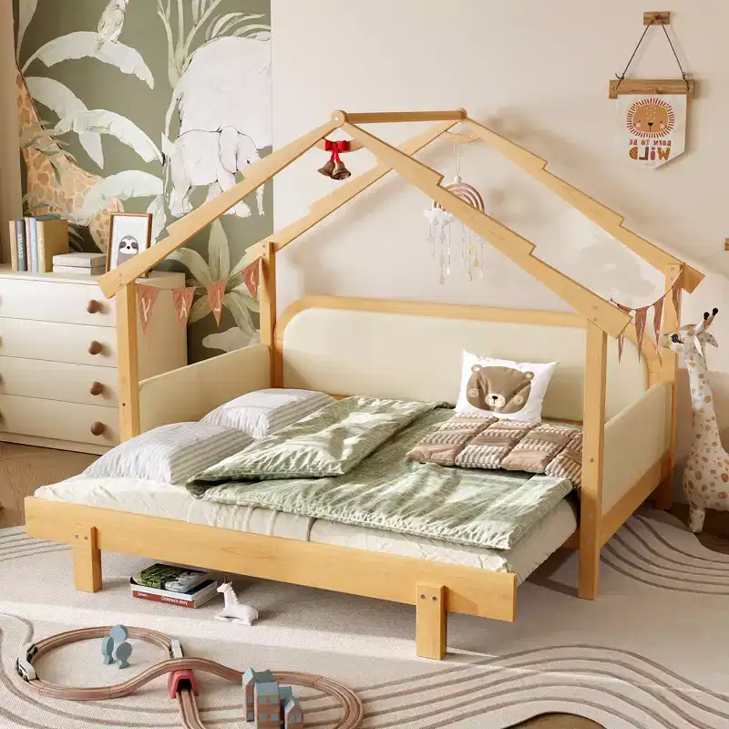 JVNOXK Twin Size Wood Treehouse bed with Soft Cushion Rails,for Kids, Teens, Girls, Boys,White