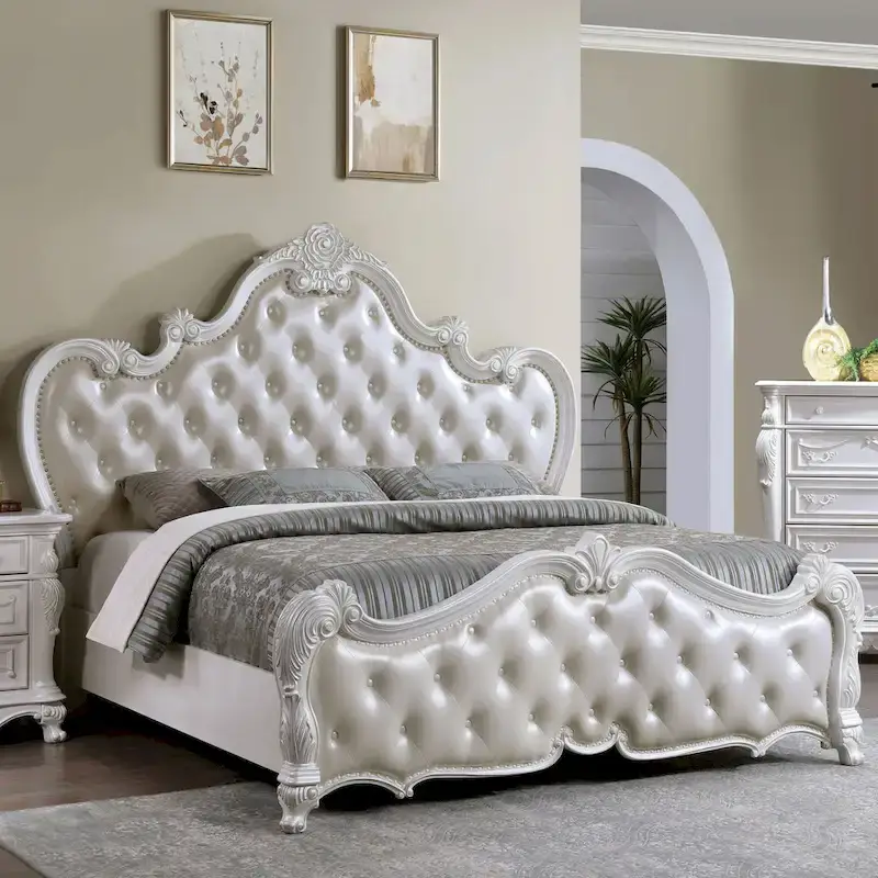 Furniture of America Eugene Traditional Solid Wood Panel Bed with Tufted Leatherette Headboard