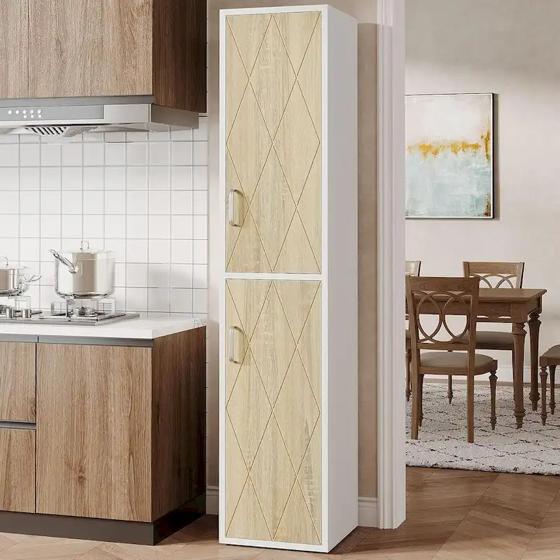 Tall Storage Cabinet - White & Natural - 6 Shelves