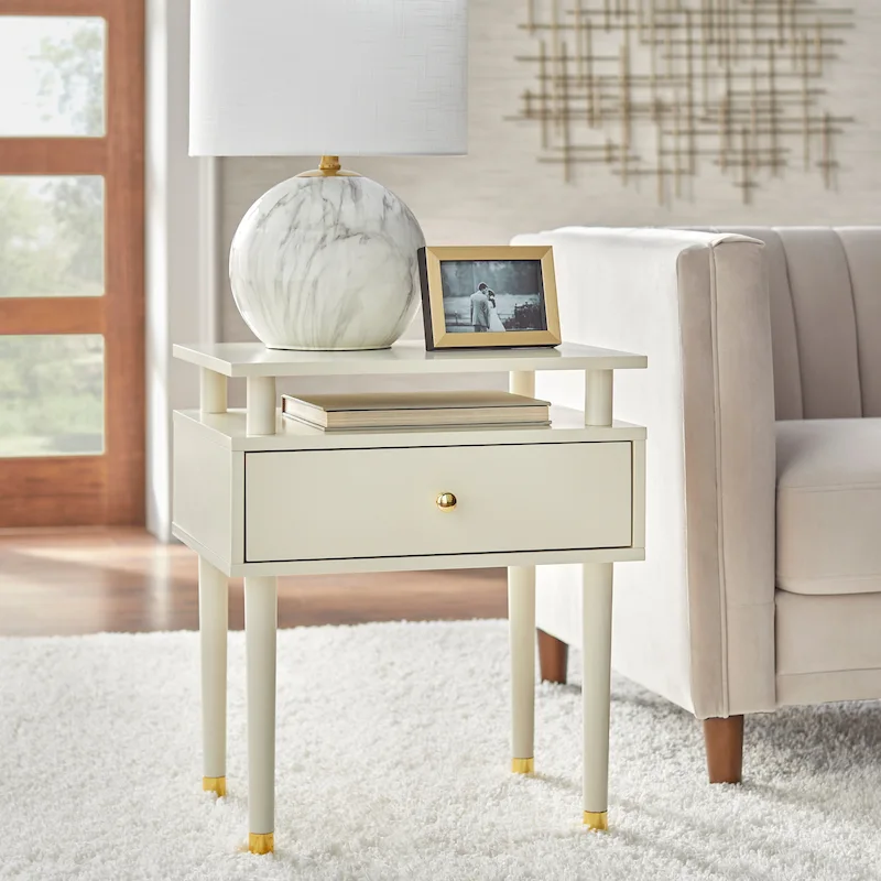 Antique White / Walnut / Blush Pink Mid-Century One Drawer Side Table for 1