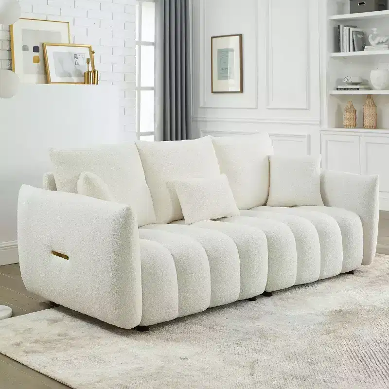 3-seater Upholstered Sofa Couch, Teddy Fabric Sofa with 3 Back Pillows 4M -ModernLuxe