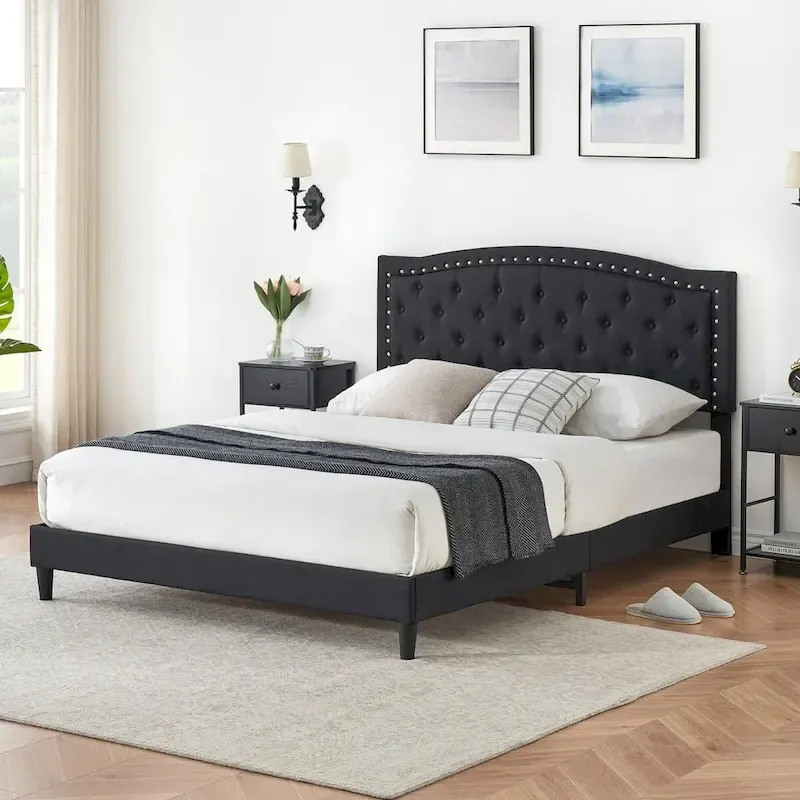 Grey/Black Wingback Tufted Upholstered Platform Bed Frame – Queen/Full, 2-Person
