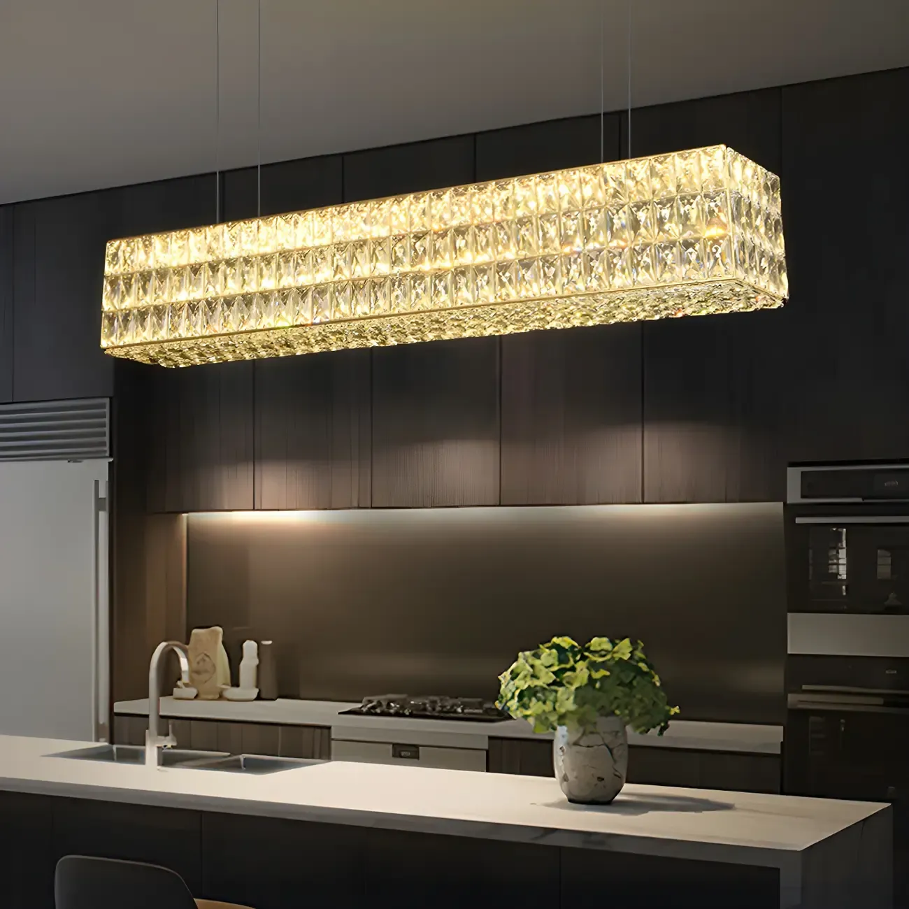Modern Crystal Steel Rectangular Island Light
