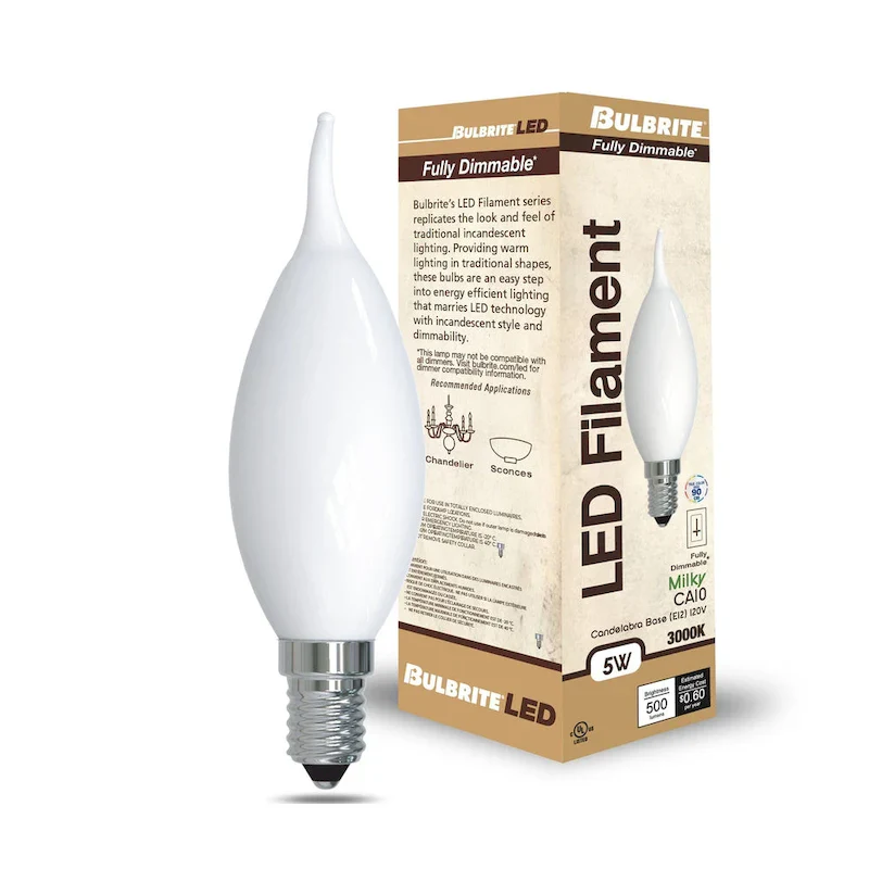 Bulbrite Pack of (4) Dimmable Milky Filament CA10 Candelabra (E12) LED Bulb