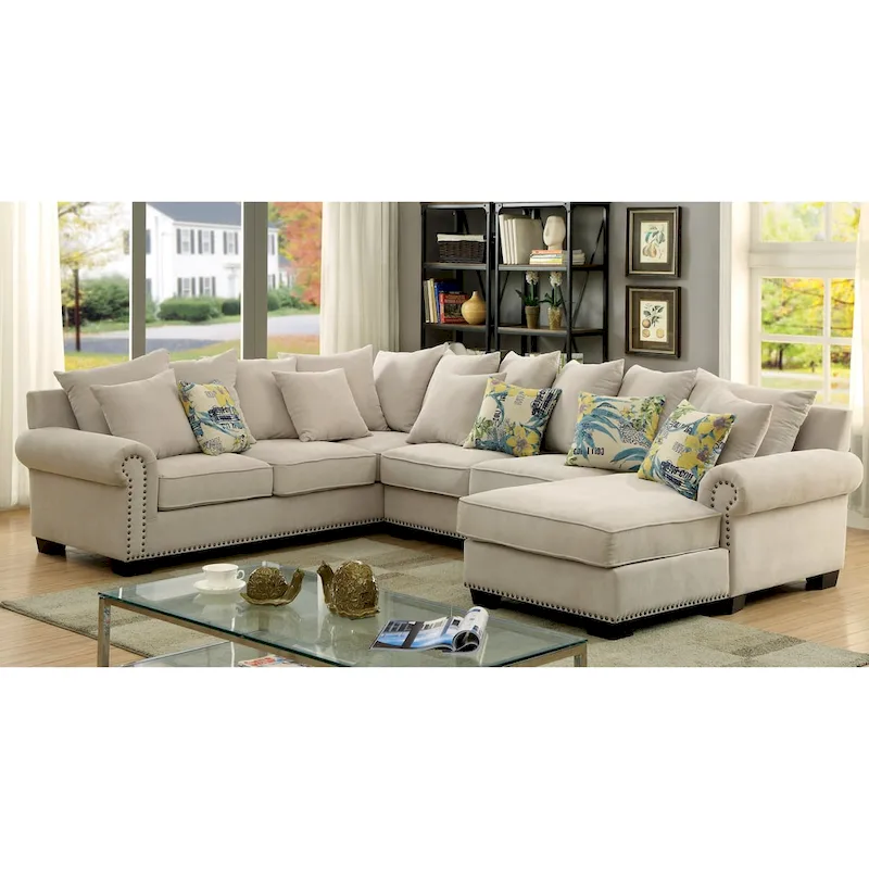 Beige U-Shaped Sectional Sofa, Nailhead Trim, Seats 6