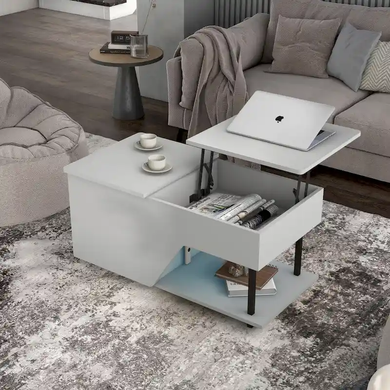 37-Inch Lift Top Coffee Table with 16-Color LED Light and Adjustable Shelf