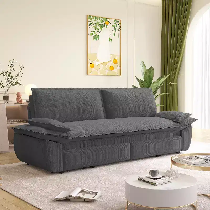 MAYEERTY 73.2 Queen Pull Out Sofa Bed, 3-in-1 Convertible Sleeper Sofa Multi-functional Corduroy Loveseat Bed Gray