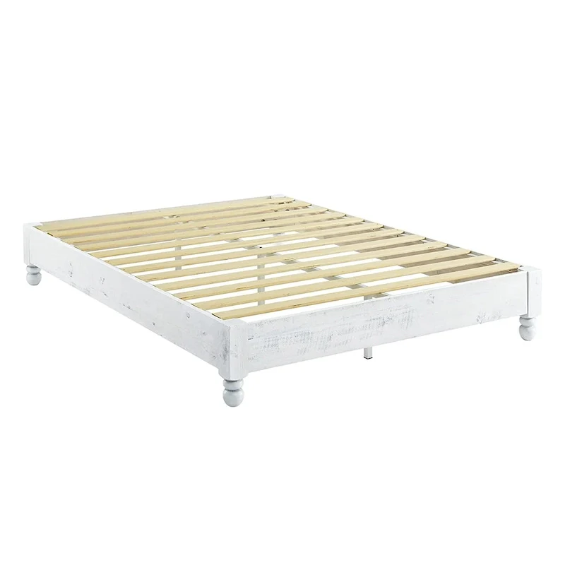 Whitewashed King Solid Pine Wood Platform Bed Frame, 2-Person