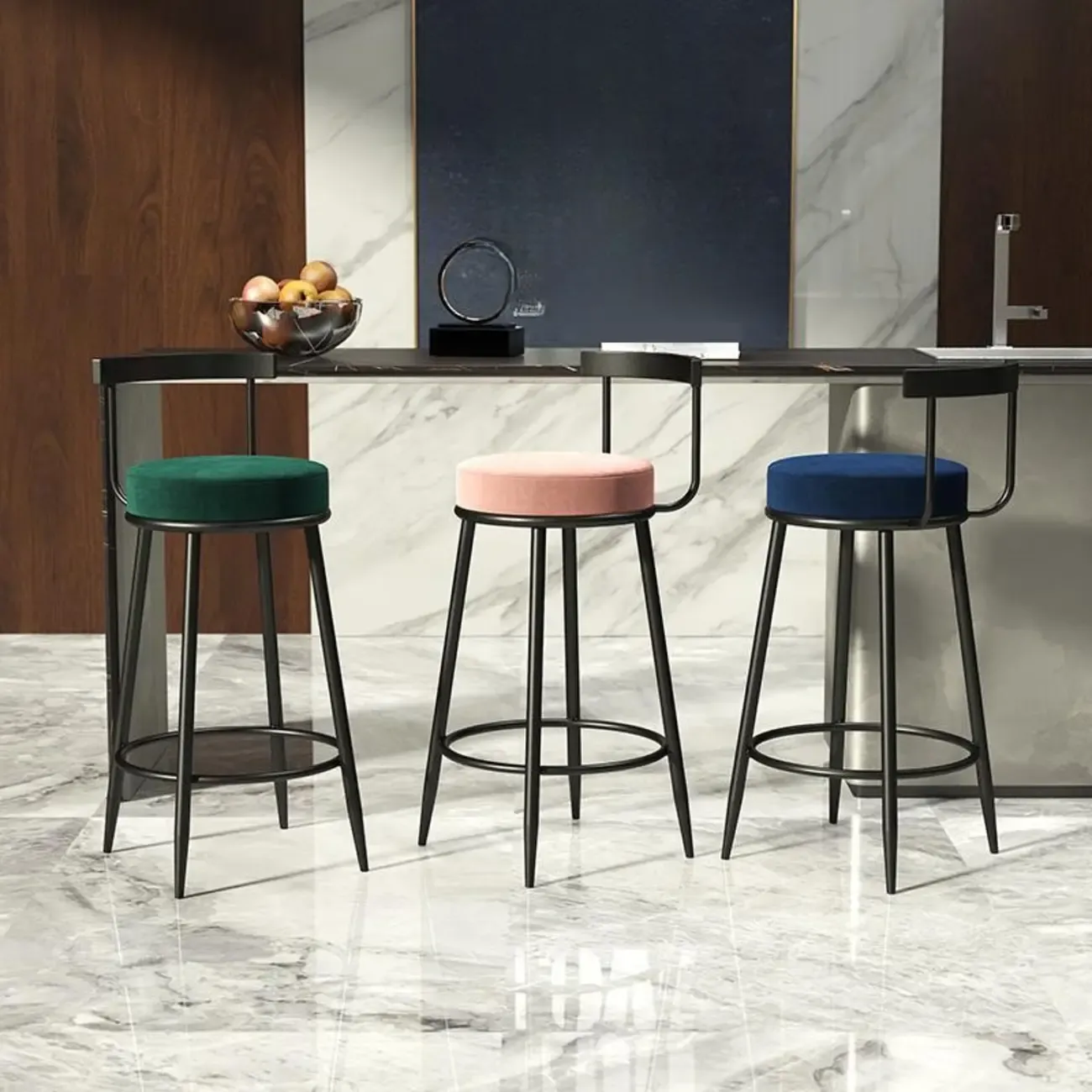 Glam Metal Upholstered Bar Stools with Open Low Back for Kitchen