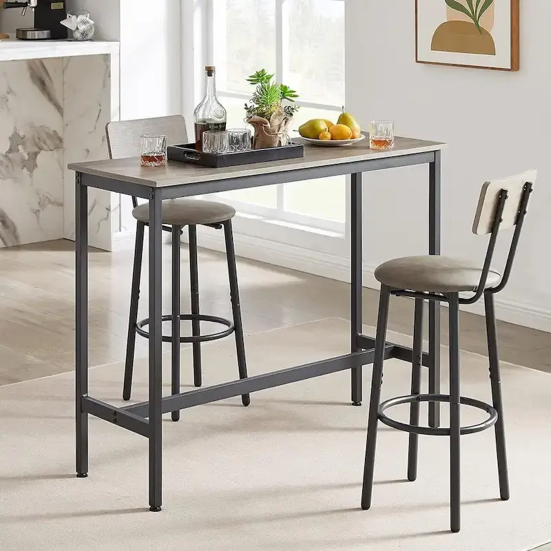 3 Pieces Bar Table and 2 Chairs, Industrial Style Bar Stools PU Upholstery Seat with Backrest