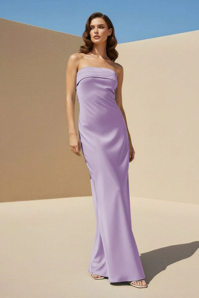 Sky Blue Strapless Sheath Satin Pleated Open Back Long Prom Dresses