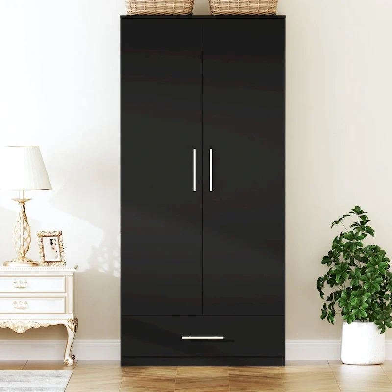 2-Door Wardrobe Armoire with Drawer and Hanging Rod for Bedroom