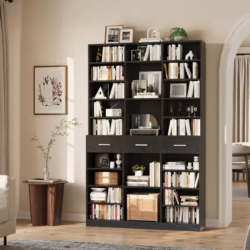 Garvee 75 Tall Bookcase with Drawers, 47 Wide Large 9-Tier Farmhouse Wooden Bookshelf Storage Cabinet with Adjustable Shelves for Living Room