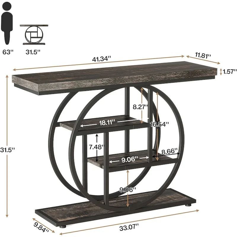 Industrial 4-Tier Sofa Table Entryway Table with Circle Base