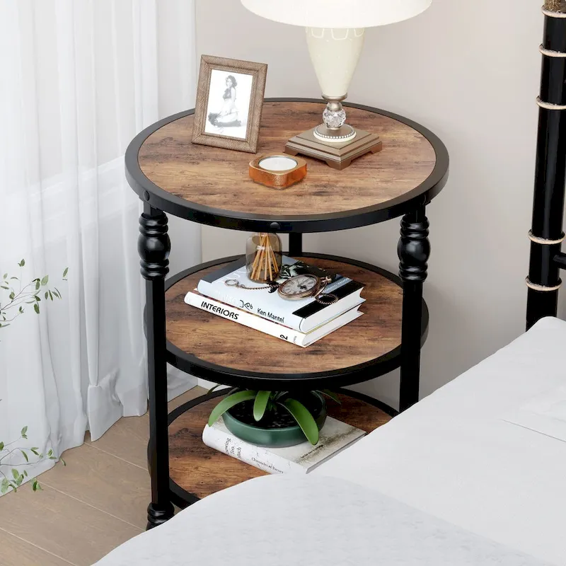 3-Tier Round Side Table with Wood Grain Finish