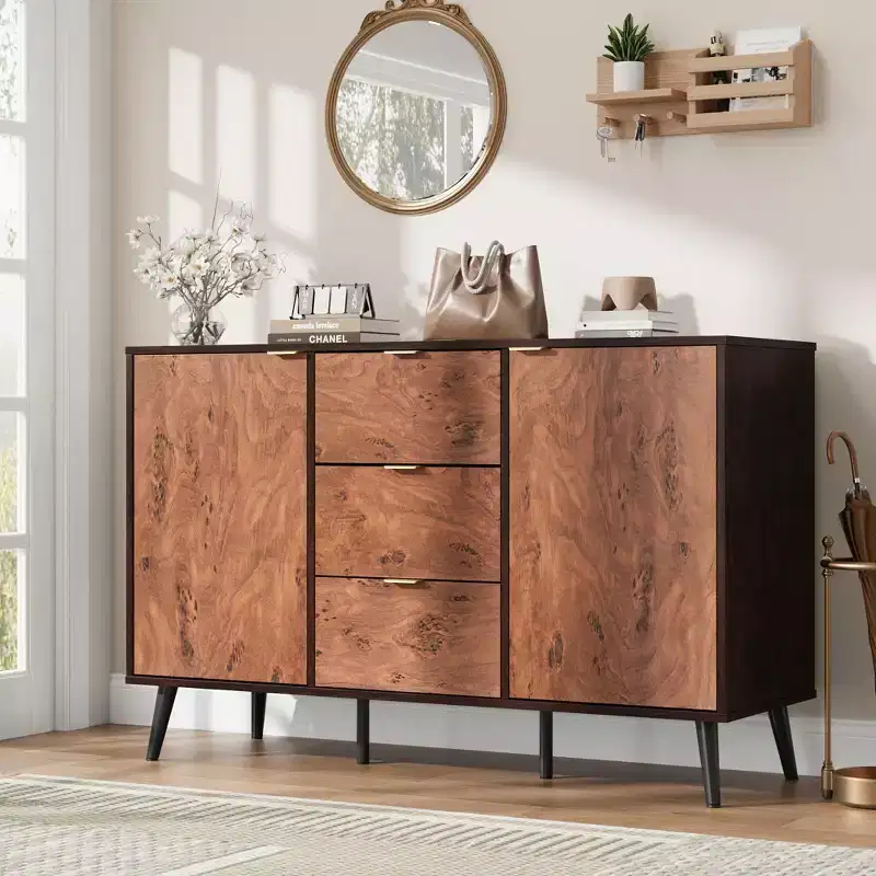 51.2 Walnut Buffet Cabinet with Drawers - Mid-Century Sideboard for Dining Room Entryway
