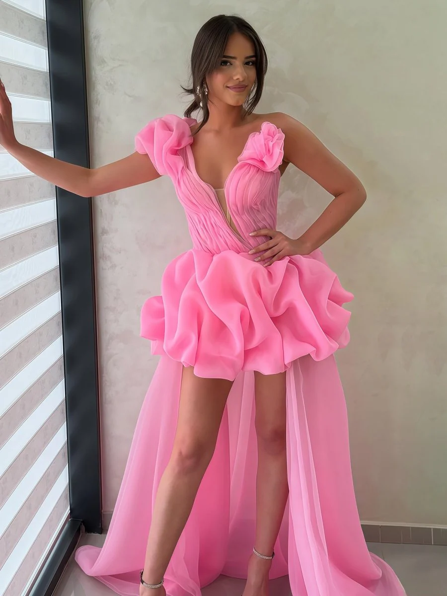 Hot Pink - One Shoulder Organza High Low Homecoming Dress With Ruffles