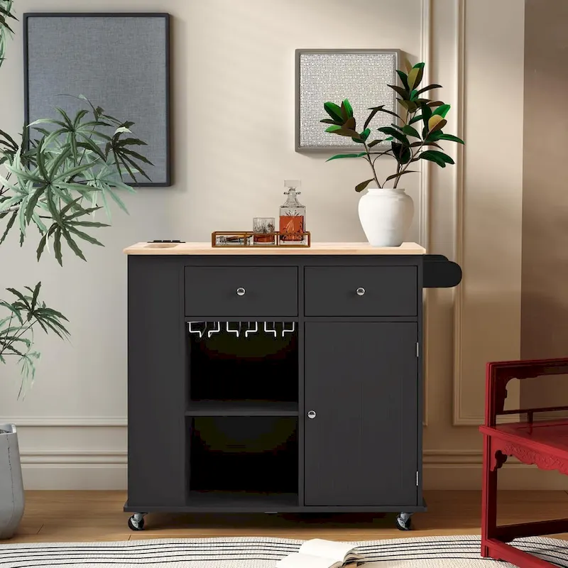 Roomfitters Kitchen Island with Power Outlet, Kitchen Storage Island with Drop Leaf and Rubber Wood, 5 Wheels