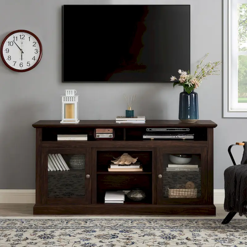 Brown Rustic Wood & Metal TV Stand with 4 Open Shelves & 2 Cabinets – Single