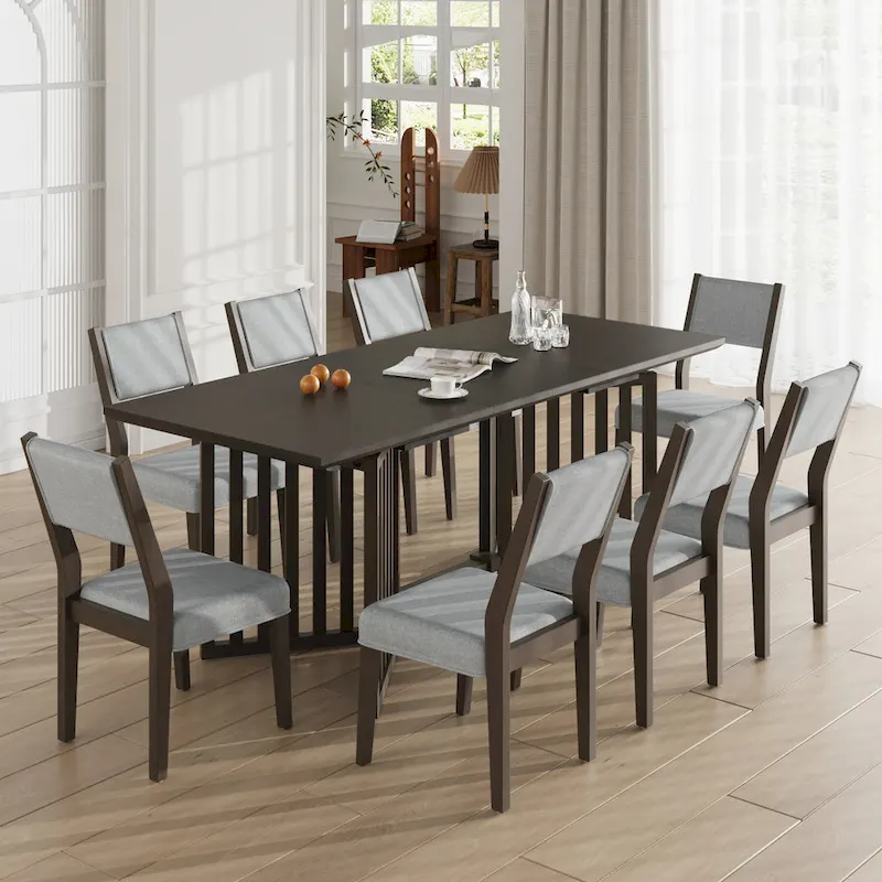 Espresso/Natural Farmhouse 9-Piece Extendable Dining Set, 8 Upholstered Chairs, Seats 8