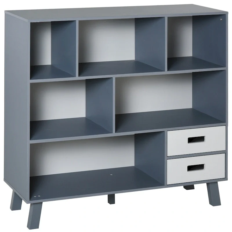 3-Tier Kids Bookcase with 2 Drawers – White/Grey & Blue/Grey