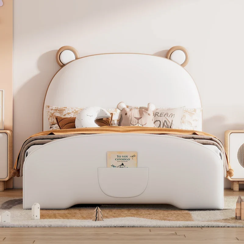 White / Brown, Bear-Shaped, Twin Upholstered Platform Bed for 1